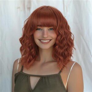 AISI HAIR Synthetic Wavy Curly Bob Wig with Bangs Ginger Orange Short Wigs